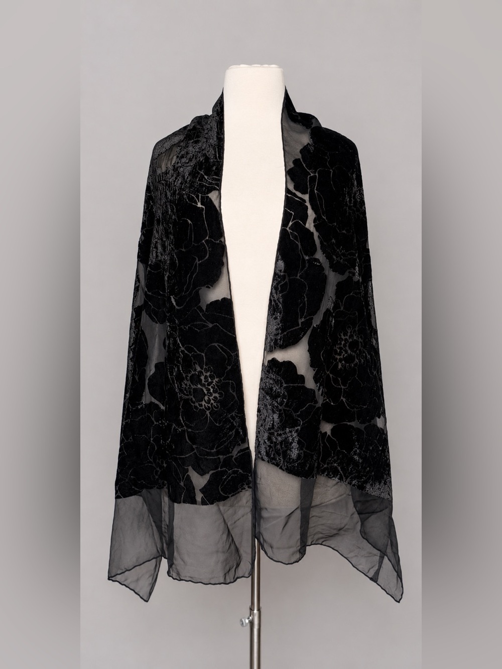 Vintage Black Velvet Burnout Floral Sheer Shawl Wrap Scarf